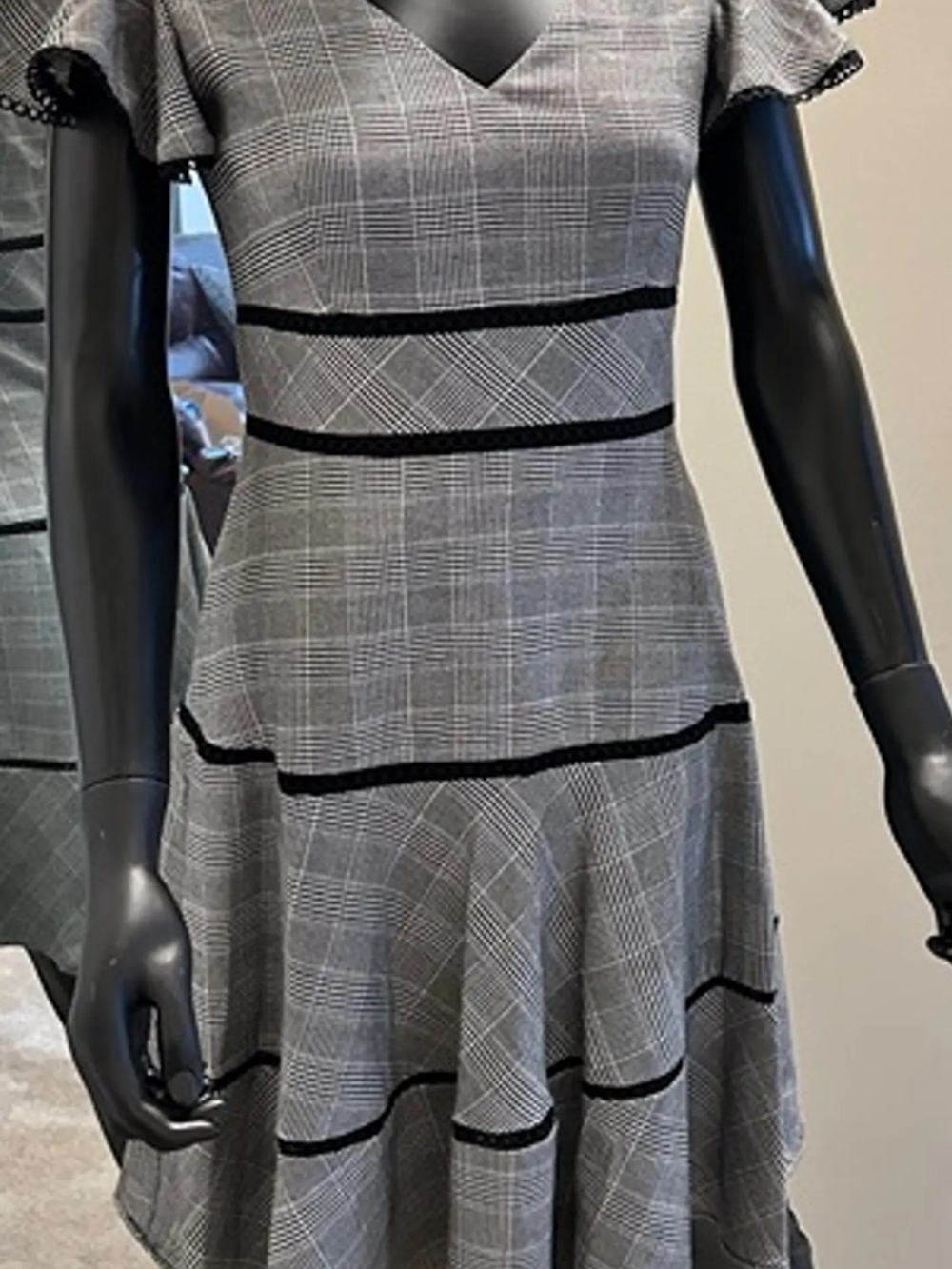 Taylor Gray Plaid Fit-and-Flare Dress with Black Trim